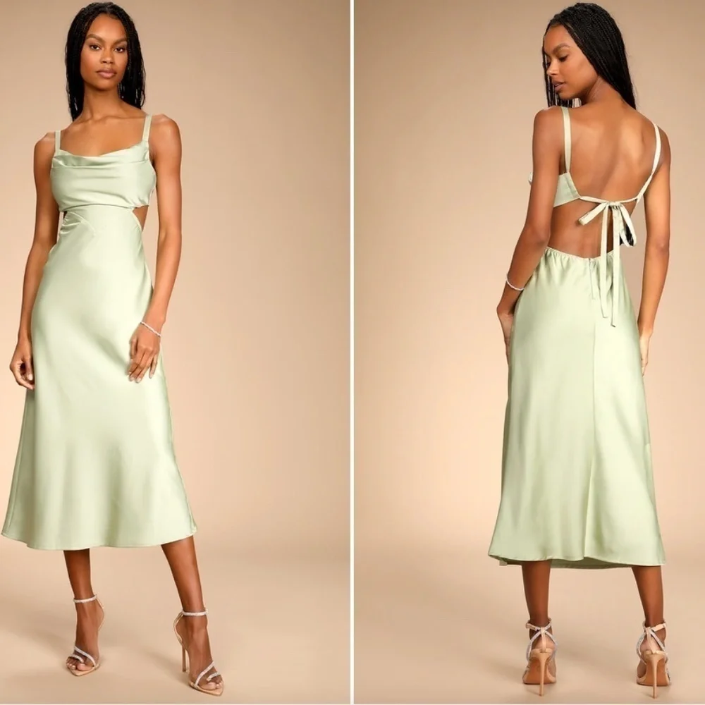 LULU's Prom Wedding Bridesmaid Sexy Satin Asymmetrical Elegant Midi Dress - Picture 1 of 4